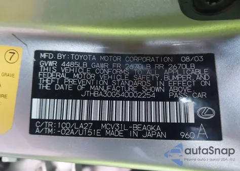 2004 Lexus Es 330 from USA, damaged, VIN JTHBA30G540002254